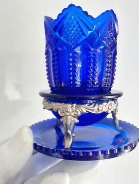 Antique German Cobalt Blue Cut Glass Toothpick Holder Ornate Metal Stand 1900s